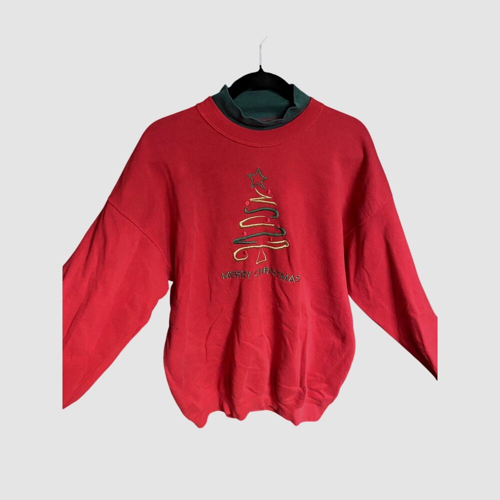 1990's Vintage Embroidered Red Merry Christmas Tree Crewneck Sweater XL Cozy‎